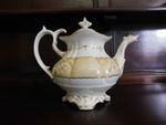Possible Coalport Footed Ornate Antique Large Teapot Rococo White Beige Gold