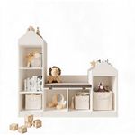 Childrens Toy Storage Unit Bookshelf House Roof Organiser with Seat Cushion