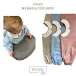 2 Pack Waterproof Long Sleeve Baby Bibs  Sky Blue & Beige Weaning Smock Toddler