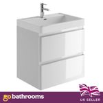 600mm Wall Hung Bathroom Vanity Unit Basin White Gloss 2 Drawer Storage Cabinet