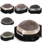 Mens Toupee Human Hair Replacement Poly Skin System Fine Mono Remy Hairpiece #1B