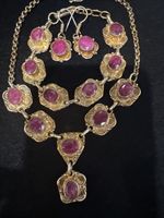Vtg Natural Ruby Gold Plated PARURE Necklace Bracelet Earrings, By Stauer Palio