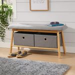 Hallway Storage Bamboo Bench with Grey Padded Seats 2 Fabric Drawers