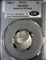 1988 ERROR CAC MS62 OFF CENTER Jefferson Nickel NICE BU + O/C Coin