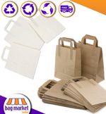 Paper SOS Carrier Bags with Flat Handles Brown White for Takeaway, Lunch, Party