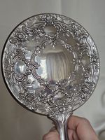 Antique Ornate Silver Plated Hand Mirror - Floral Repoussé Victorian Style Heavy