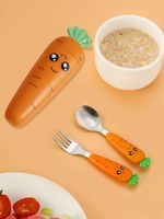 Kids Cartoon Carrot Spoon Fork Set w/ Case Stainless Steel Children Travel