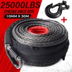Winch Rope 10mm x 30m Synthetic Cable +Hook For Dyneema Tow Recovery 4WD 25000lb