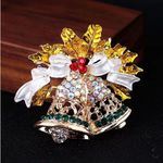 Christmas Bells Brooch Rhinestone Enamel Gold Tone Festive Pin 4cm New