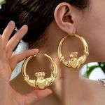 9k Gold GF Large Claddagh Hoop Earring,Womens Gypsy Fashion Gold Plated Earrings