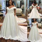 Off Shoulder Plus Size Wedding Dresses Chapel Train Pleats Satin Custom Made