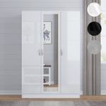 High Gloss Wooden 3 Door Wardrobe with Mirror and Hanging Rails Bedroom Storage
