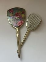 Vintage Hand Held Mirror and Brush Vanity Set - Gold Color - Floral Design