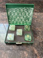 Green Gem Stone Dice 1-5 Set Of 5 New In Box  Rare Gold Print Numbers With Case