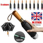 20 Rods Windproof Folding Umbrella Automatic Wind Strong Portable Wood Handle UK