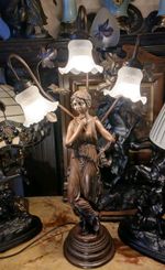 Large  Bronze Colour  Table Lamp Lady With 3 Ruffle Shades Art Nouveau Style