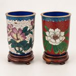 Chinese Cloisonné Enamel Floral Cups Pair with Wooden Stands