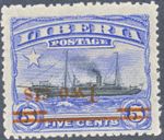 LIBERIA 1916 2 C on 5 C coastal steamers U/M, VARIETY MISPLACED OVERPRINT