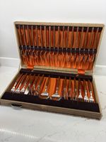 Vintage Cutlery Set Canteen Teak Handl 32 Pieces Forks Spoons Knives Holland MCM