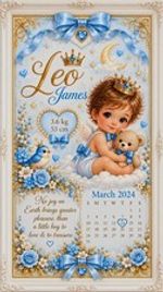 Personalised Baby Boy Nursery Name Wall Print Blue Gold White Calendar Picture