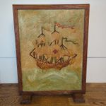Vintage Oak Fire Screen with Ship Oil Painting – Ornate Wood Antique Decor