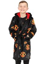 Boys Manchester United FC Official Dressing Gown Fleece Hooded Kids Robe Black