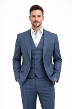 Blue Check 3 Piece Suit Wool Jacket Waistcoat Trouser Wedding Groom Lightweight
