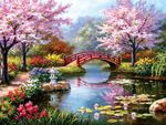 Paint by Numbers for Adults, Cherry Blossom Bridge Canvas Acrylic Paints UK COMP