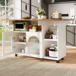 Kitchen Island w/ Drop Leaf, Glass Doors, Serving Trolley Storage Cabinet, White