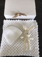 Hand Knitted Crochet Baby Pram Blanket,hat and Teddy in a gift box New