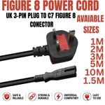 1m2m/3m/5m Right Angle Figure 8 Fig of 8 Lead Cable C7 to UK Plug Power Cord Lot