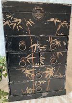 Vintage Chinese Black Jewellery Box Cabinet Mirror 6 Drawers Distressed