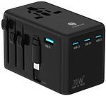 Universal Travel Adapter GaN 70W, PD Fast Charging, 3 USB-C, 1 USB, Cable, Pouch