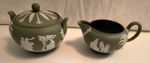Wedgwood Sage Green Jasperware Creamer and Sugar Bowl Set Vintage