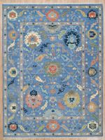 Blue Wool Oushak Rug, Handwoven Floral Turkish Rug