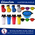 Pet Bottle Food Water Portable Dual Chamber - With 2x Collapsible Bowls