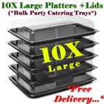 10 LARGE Black Sandwich Platters + Lids & Labels Reusable Buffet, Party, Display