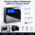 Black Sideboard Cabinet with LED Lights 2 Door Gloss Storage Cupboard 90cm