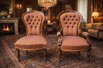 Antique Victorian His & Hers Armchairs Pair Walnut Carved Salon Chairs