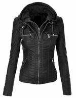New Women Black Biker Hooded Lambskin Leather Jacket