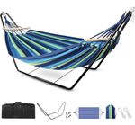 Double Cotton Hammock Stand Adjustable Steel Frame Blue 2 Person Carry Bag Set