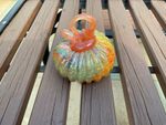 Hand Blown Art Glass Pumpkin Ornament Autumn Halloween Decor Orange Green