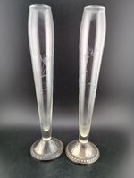 Pair (2) Duchin Sterling Silver Weighted Bud Vase Handblown Etched Crystal 10 In