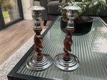 Vintage Candlesticks Pair  Wooden Oak Barley Twist Dinner Party 