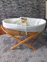 Wicker Oval Moses Basket Set with White Padded Liner on Folding Wooden Stand