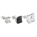 Sterling Silver Square CZ Crystal Mens Ear Stud / Single / Clear Black / 4-10mm