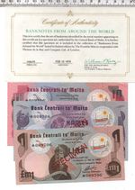 1979 MALTA THREE NOTE SPECIMAN SET FROM BANKNOTES AROUND THE WORLD (645)
