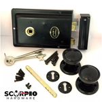 Traditional Rim Lock 6" x 4" with Rim Knob Set Black Shed Door with Fixings