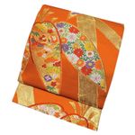 Vintage Silk Fukuro Obi Japanese Kimono Belt Orange Phoenix Floral Gold  Brocade