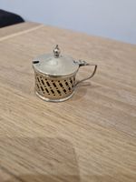 Vintage EPNS Silver Plate hinge lidded mustard pot with blue glass liner 